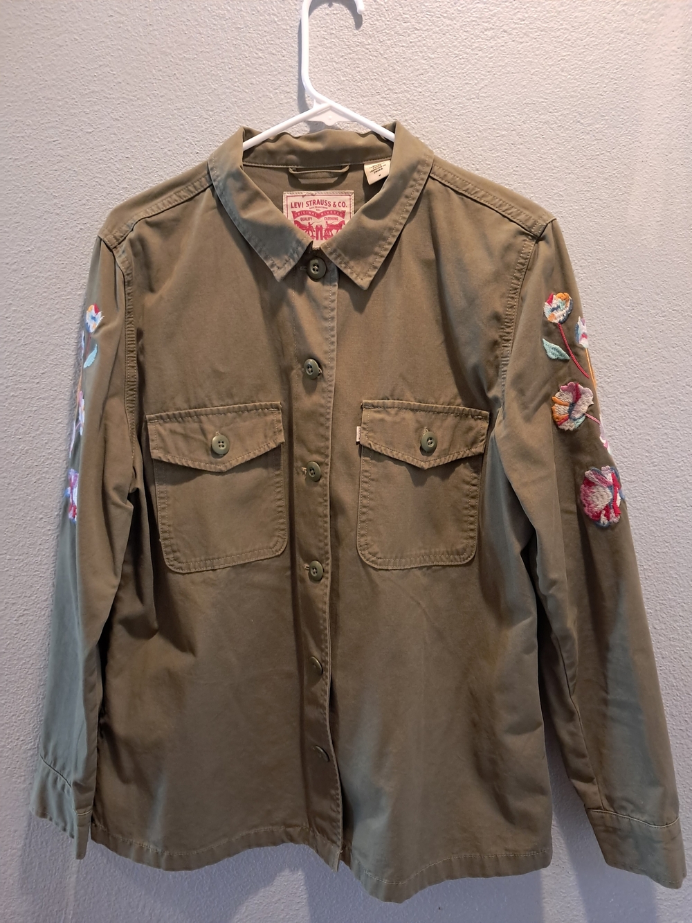 Levi's Olive Green Jacket with Floral Sleeve Embroidery